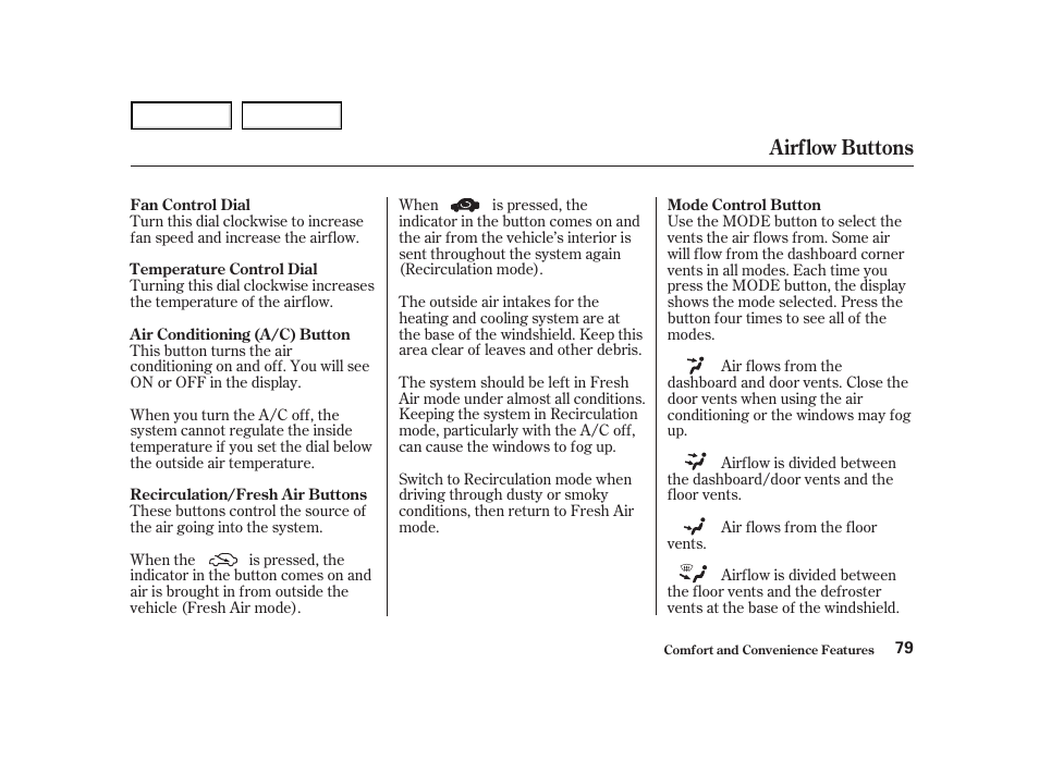 Airflow buttons | Acura 2004 NSX - Owner's Manual User Manual | Page 82 / 230
