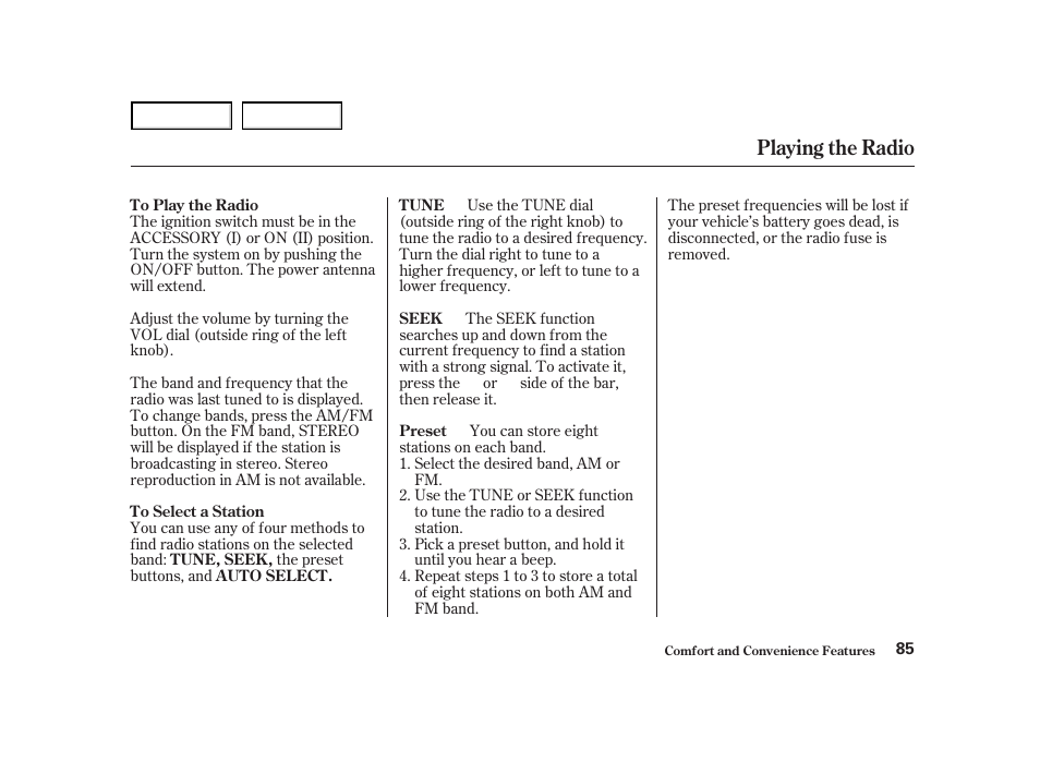 Playing the radio | Acura 2004 NSX - Owner's Manual User Manual | Page 88 / 230