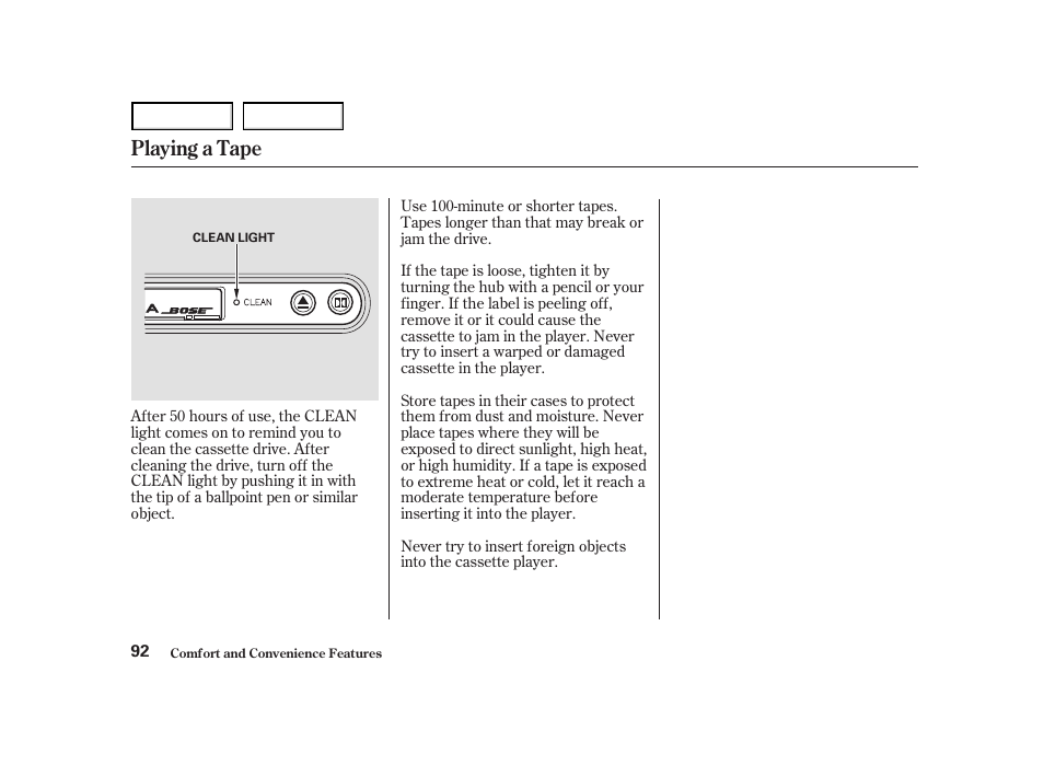 Playing a tape | Acura 2004 NSX - Owner's Manual User Manual | Page 95 / 230