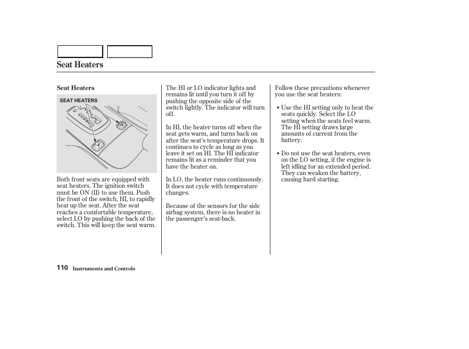 Seat heaters | Acura 2003 MDX - Owner's Manual User Manual | Page 114 / 420