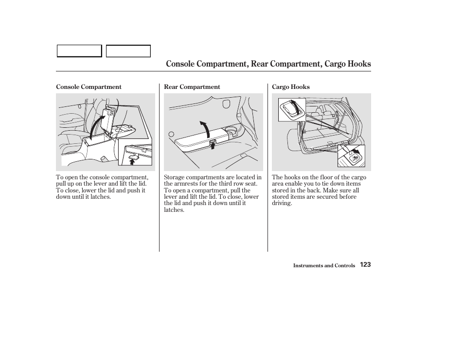 Console compartment, rear compartment, cargo hooks | Acura 2003 MDX - Owner's Manual User Manual | Page 127 / 420