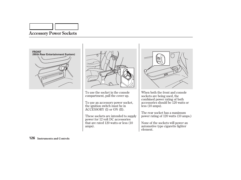 Accessory power sockets | Acura 2003 MDX - Owner's Manual User Manual | Page 130 / 420