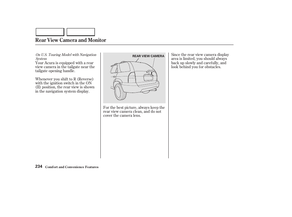 Rear view camera and monitor | Acura 2003 MDX - Owner's Manual User Manual | Page 238 / 420