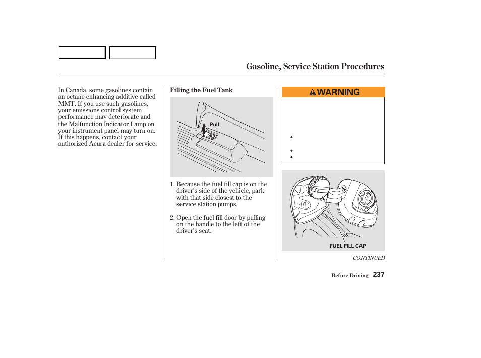 Gasoline, service station procedures | Acura 2003 MDX - Owner's Manual User Manual | Page 241 / 420