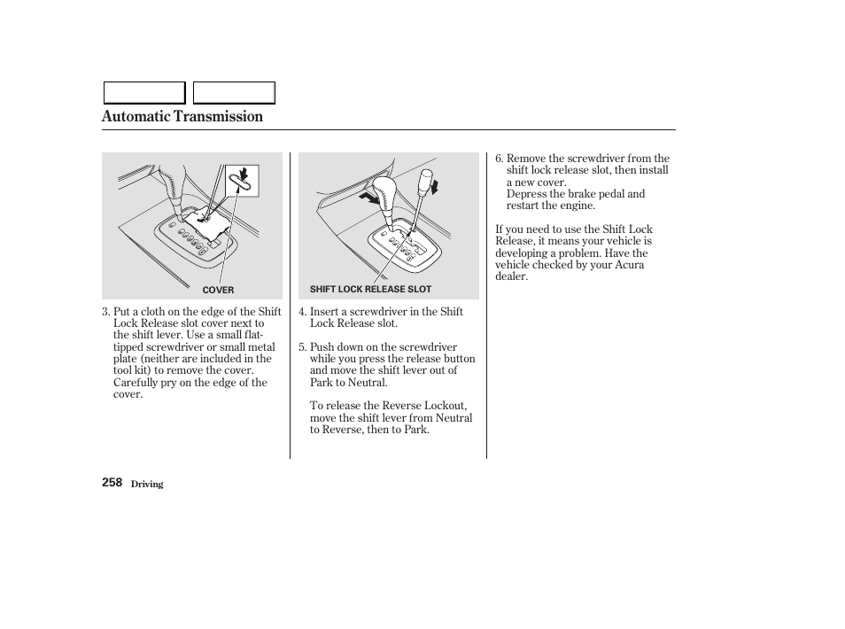 Automatic transmission | Acura 2003 MDX - Owner's Manual User Manual | Page 262 / 420