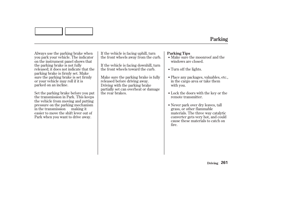 Parking | Acura 2003 MDX - Owner's Manual User Manual | Page 265 / 420