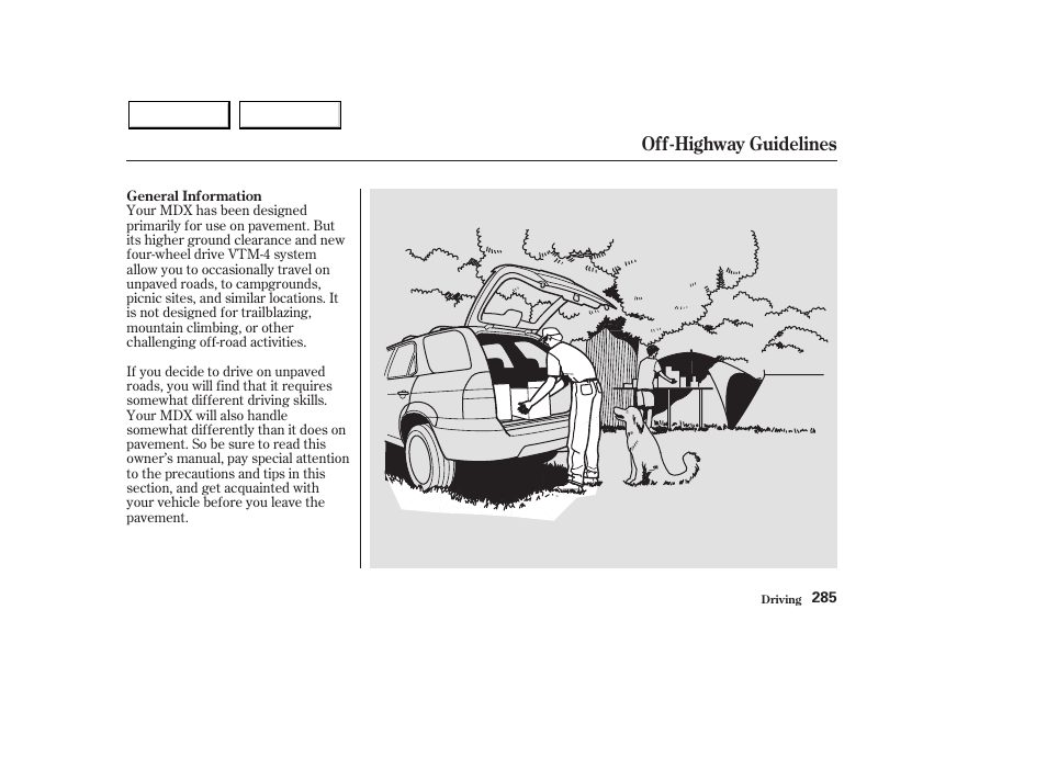 Off-highway guidelines | Acura 2003 MDX - Owner's Manual User Manual | Page 289 / 420