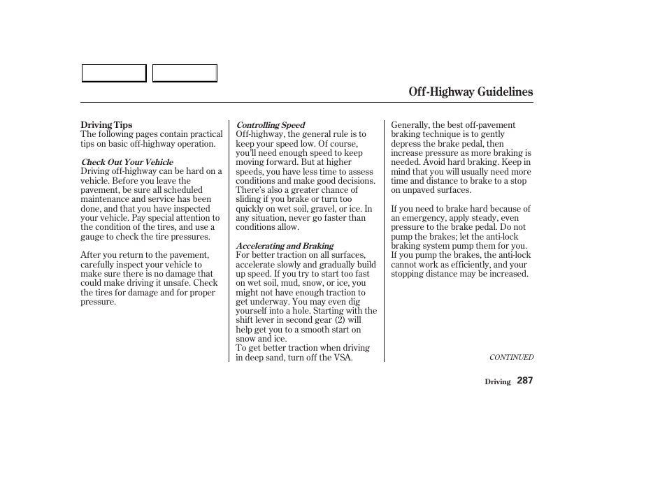 Off-highway guidelines | Acura 2003 MDX - Owner's Manual User Manual | Page 291 / 420