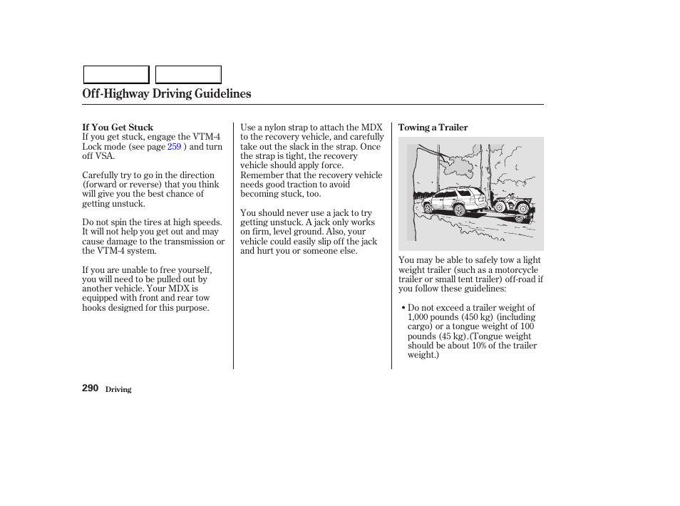 Off-highway driving guidelines | Acura 2003 MDX - Owner's Manual User Manual | Page 294 / 420