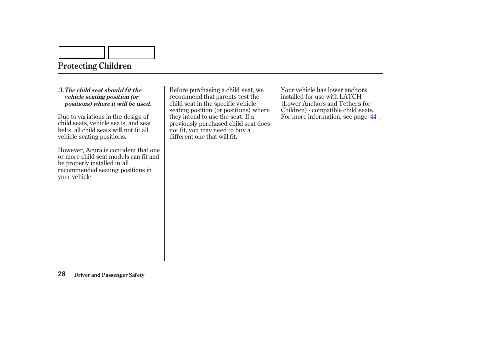 Protecting children | Acura 2003 MDX - Owner's Manual User Manual | Page 32 / 420