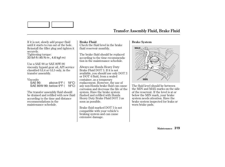 Transfer assembly fluid, brake fluid | Acura 2003 MDX - Owner's Manual User Manual | Page 323 / 420