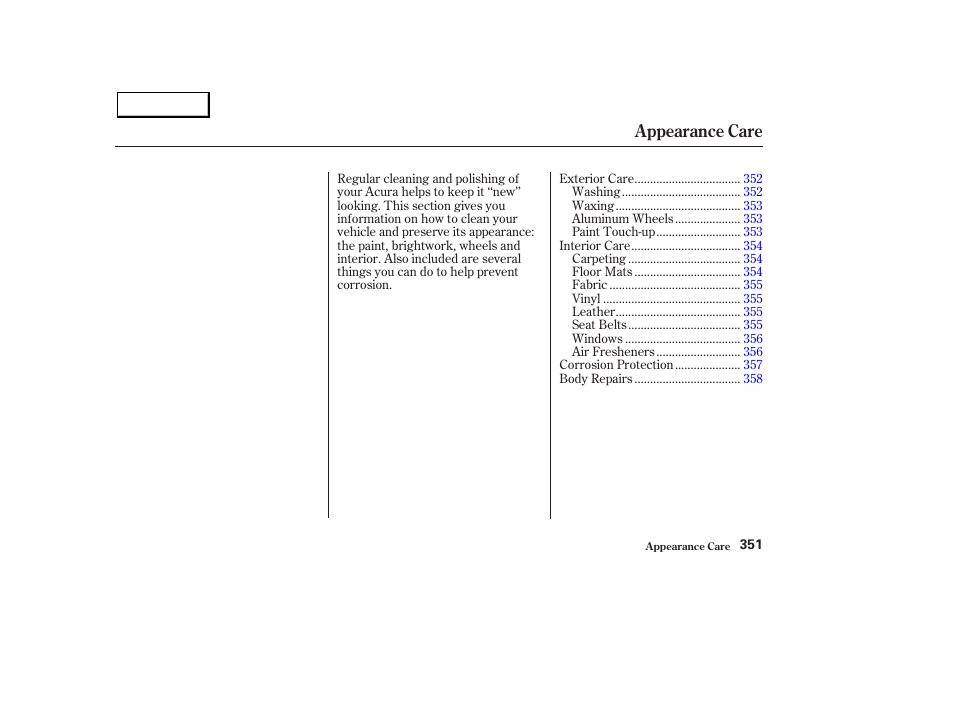 Appearance care | Acura 2003 MDX - Owner's Manual User Manual | Page 355 / 420