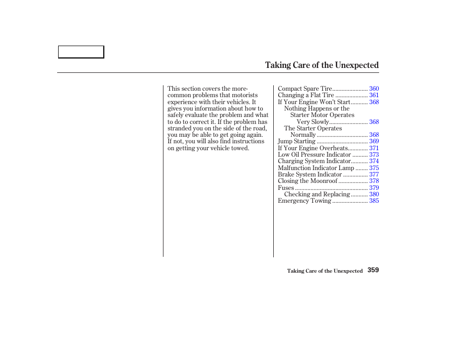 Taking care of the unexpected | Acura 2003 MDX - Owner's Manual User Manual | Page 363 / 420