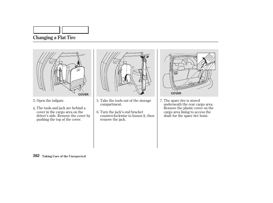 Changing a flat tire | Acura 2003 MDX - Owner's Manual User Manual | Page 366 / 420