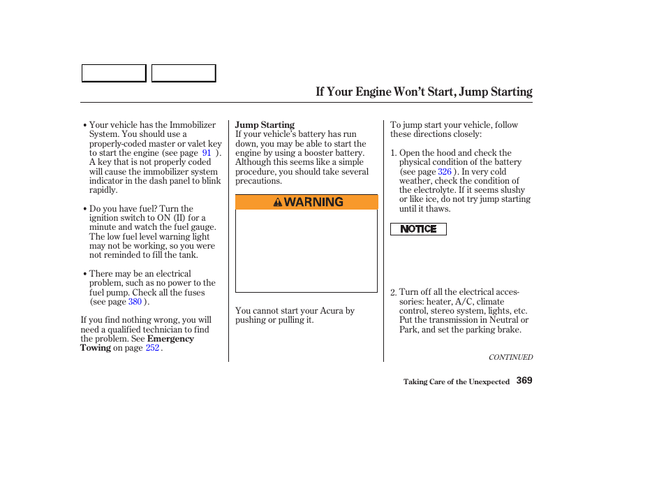 If your engine won’t start, jump starting | Acura 2003 MDX - Owner's Manual User Manual | Page 373 / 420