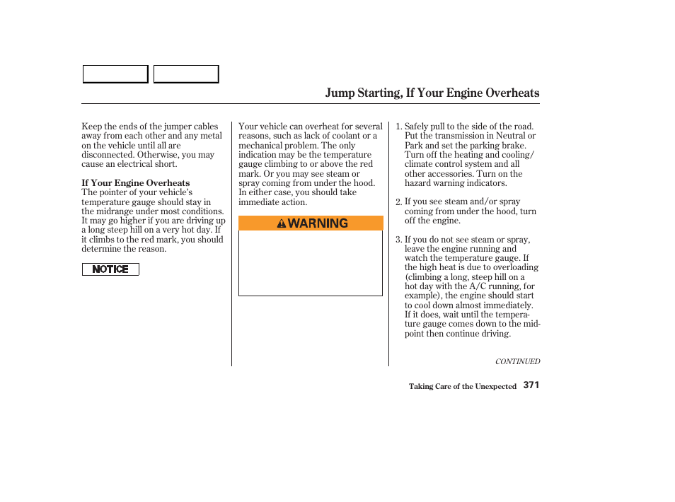 Jump starting, if your engine overheats | Acura 2003 MDX - Owner's Manual User Manual | Page 375 / 420