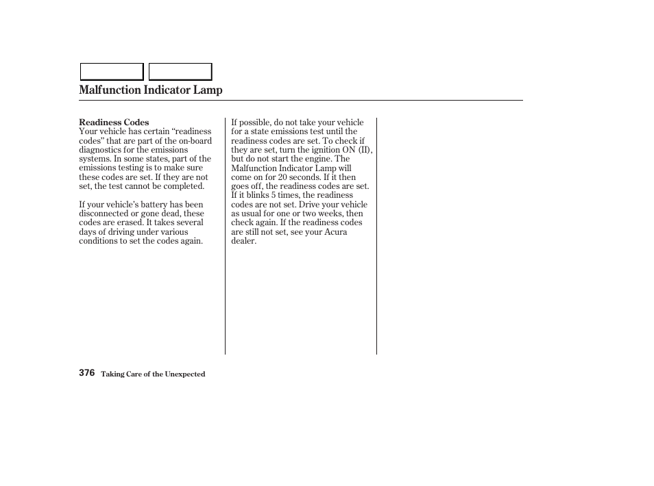 Malfunction indicator lamp | Acura 2003 MDX - Owner's Manual User Manual | Page 380 / 420