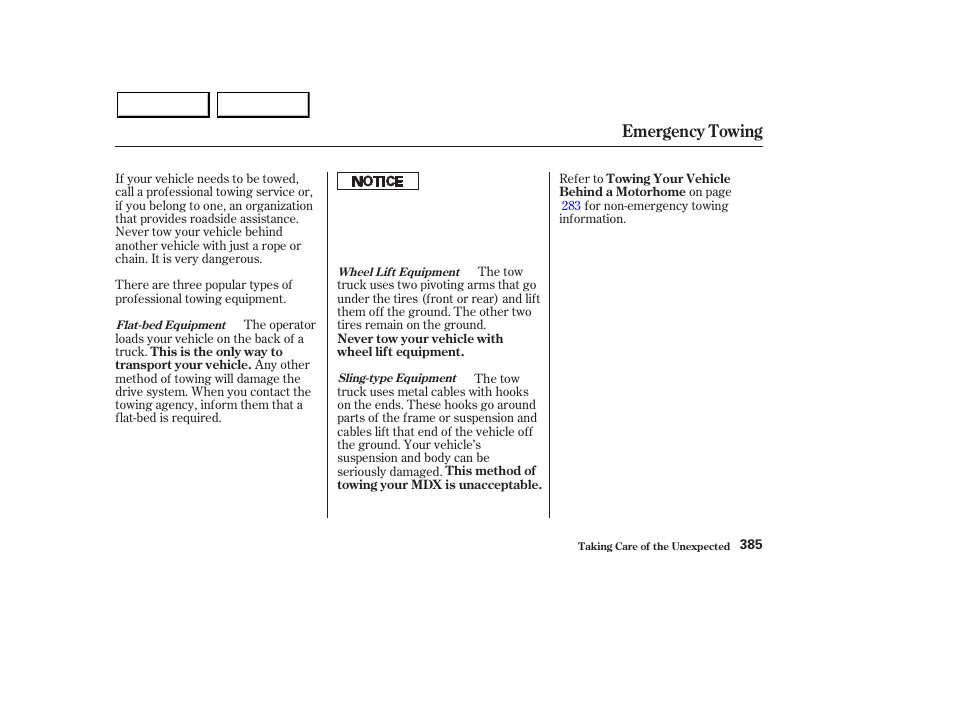 Emergency towing | Acura 2003 MDX - Owner's Manual User Manual | Page 389 / 420