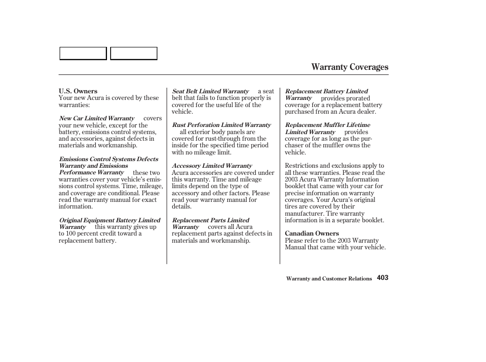 Warranty coverages | Acura 2003 MDX - Owner's Manual User Manual | Page 407 / 420