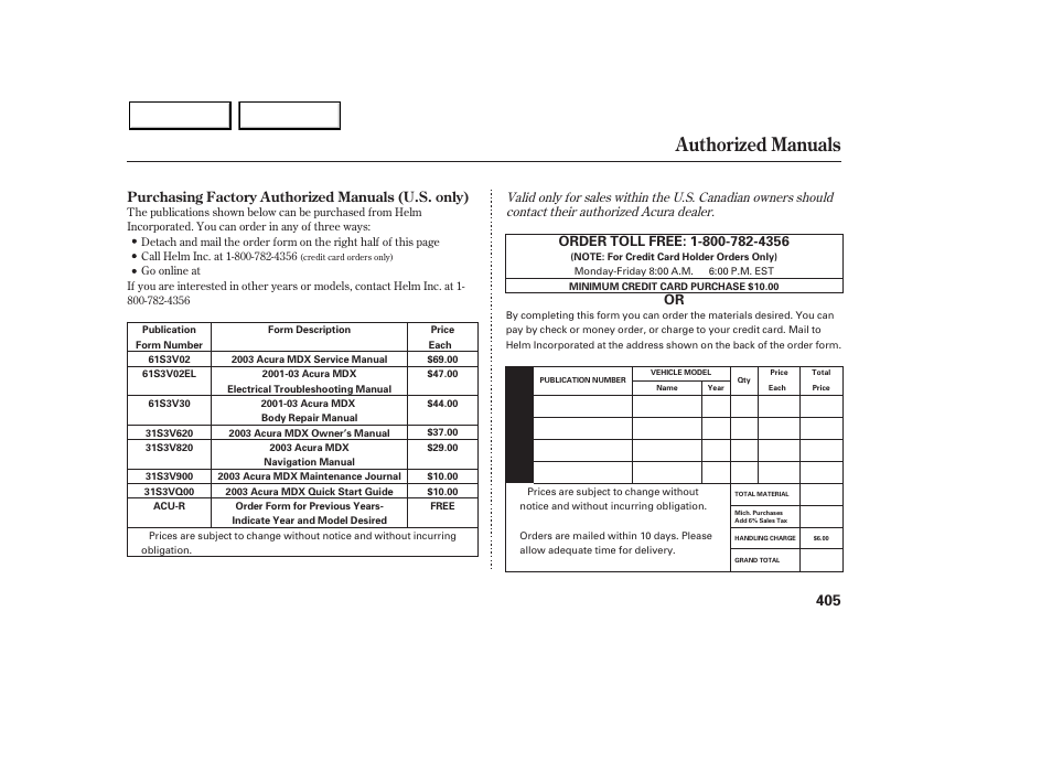 Authorized manuals | Acura 2003 MDX - Owner's Manual User Manual | Page 409 / 420