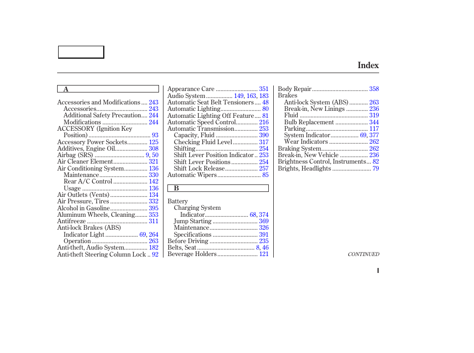 Index | Acura 2003 MDX - Owner's Manual User Manual | Page 411 / 420