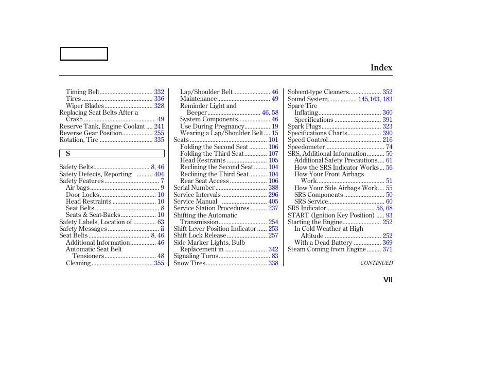 Index | Acura 2003 MDX - Owner's Manual User Manual | Page 417 / 420