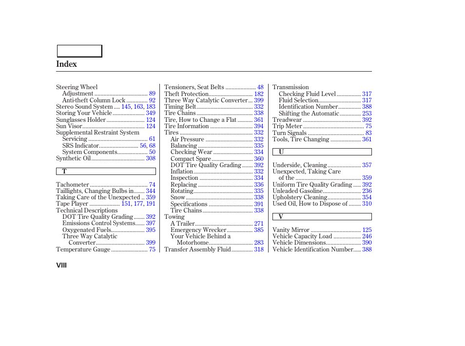 Index | Acura 2003 MDX - Owner's Manual User Manual | Page 418 / 420