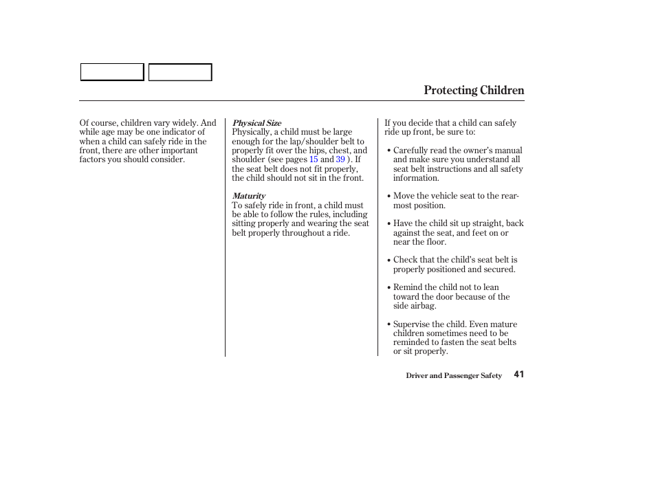 Protecting children | Acura 2003 MDX - Owner's Manual User Manual | Page 45 / 420