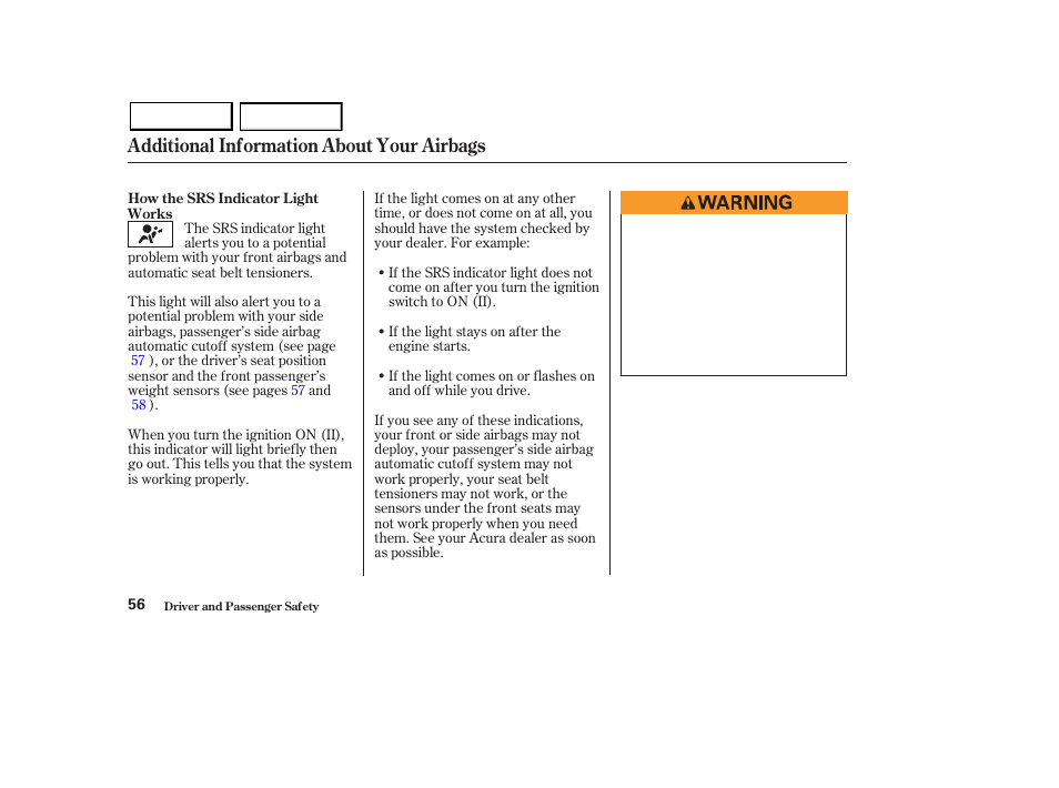 Additional information about your airbags | Acura 2003 MDX - Owner's Manual User Manual | Page 60 / 420