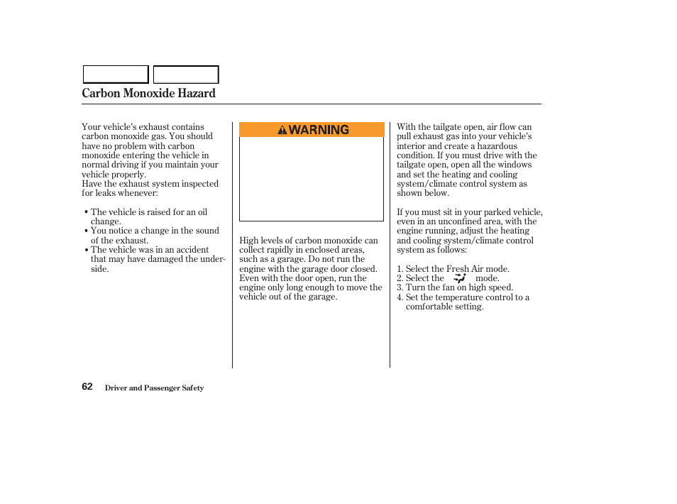 Carbon monoxide hazard | Acura 2003 MDX - Owner's Manual User Manual | Page 66 / 420
