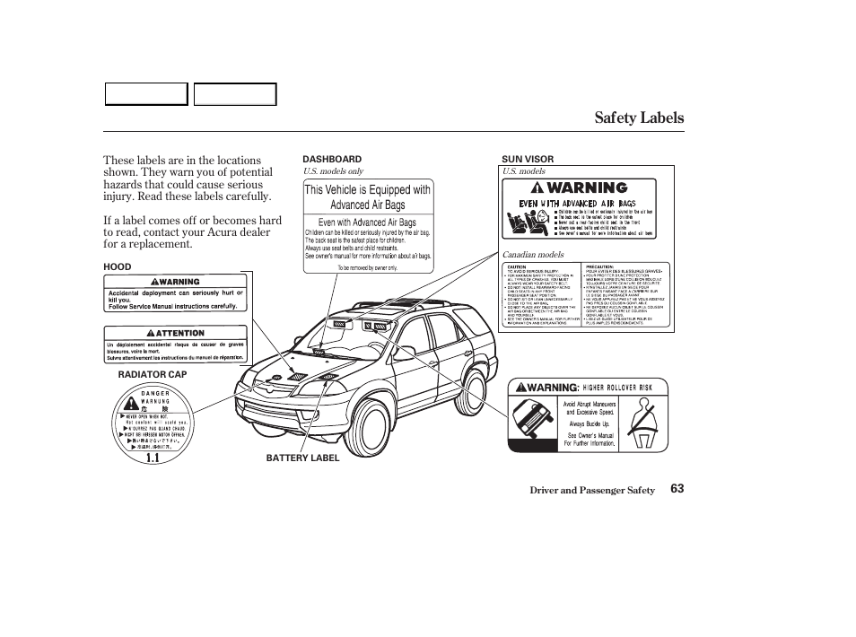 Safety labels | Acura 2003 MDX - Owner's Manual User Manual | Page 67 / 420