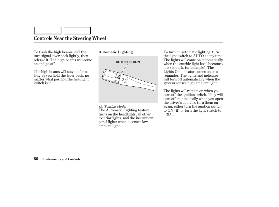 Controls near the steering wheel | Acura 2003 MDX - Owner's Manual User Manual | Page 84 / 420