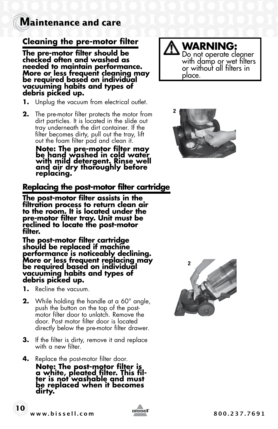 Warning, Aintenance and care | Bissell 30C7 User Manual | Page 10 / 20