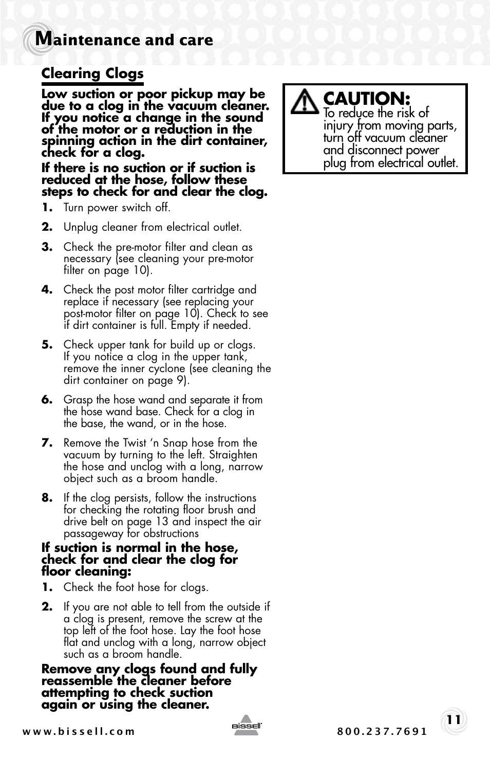 Caution, Aintenance and care | Bissell 30C7 User Manual | Page 11 / 20