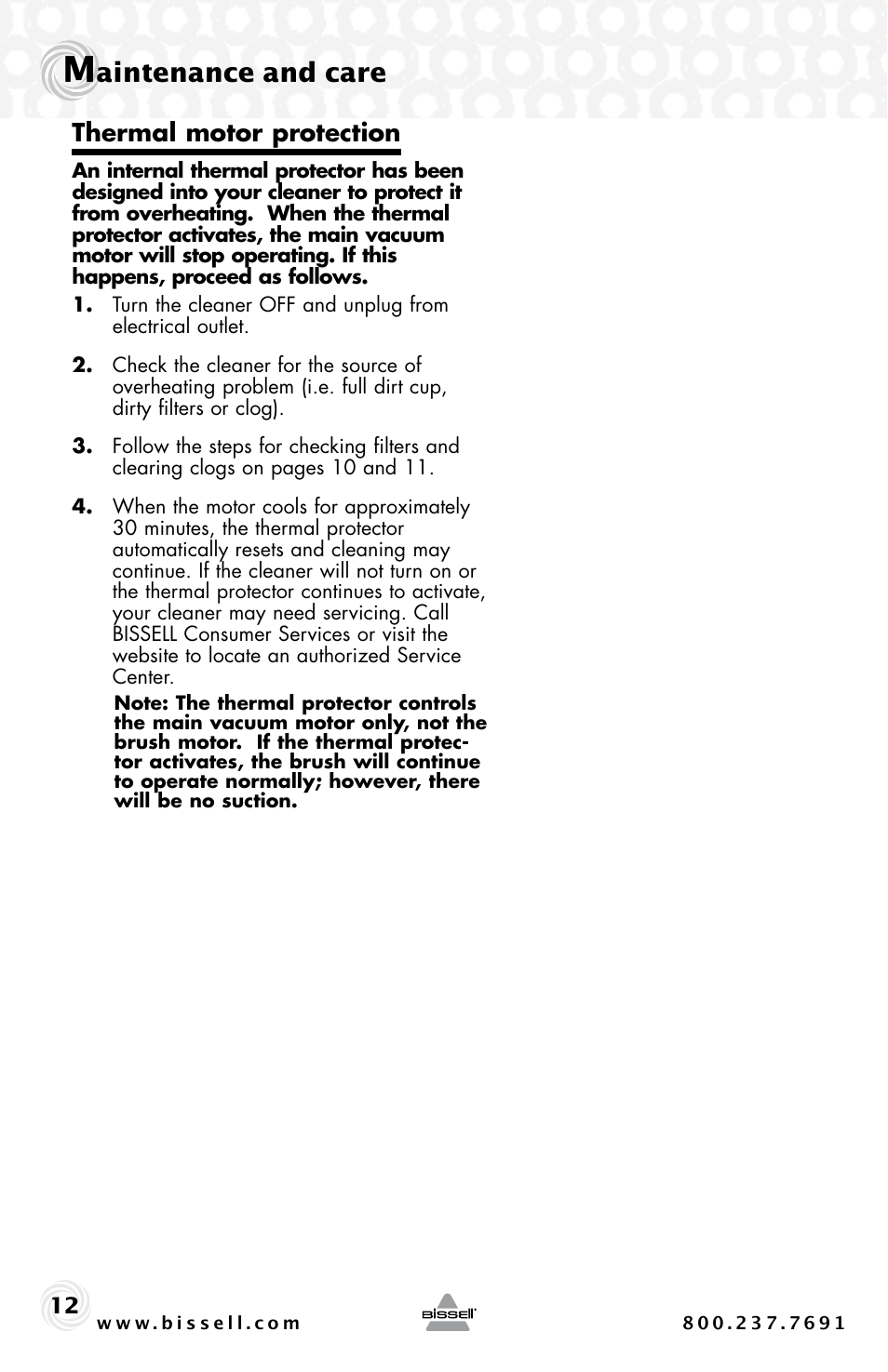 Aintenance and care, Thermal motor protection | Bissell 30C7 User Manual | Page 12 / 20