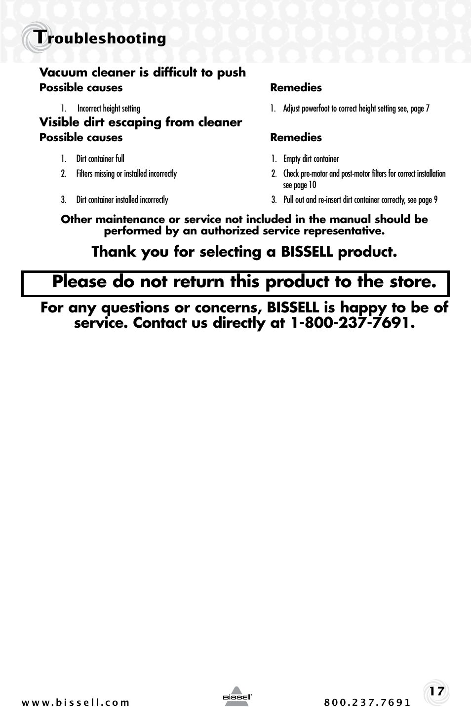 Please do not return this product to the store, Roubleshooting | Bissell 30C7 User Manual | Page 17 / 20