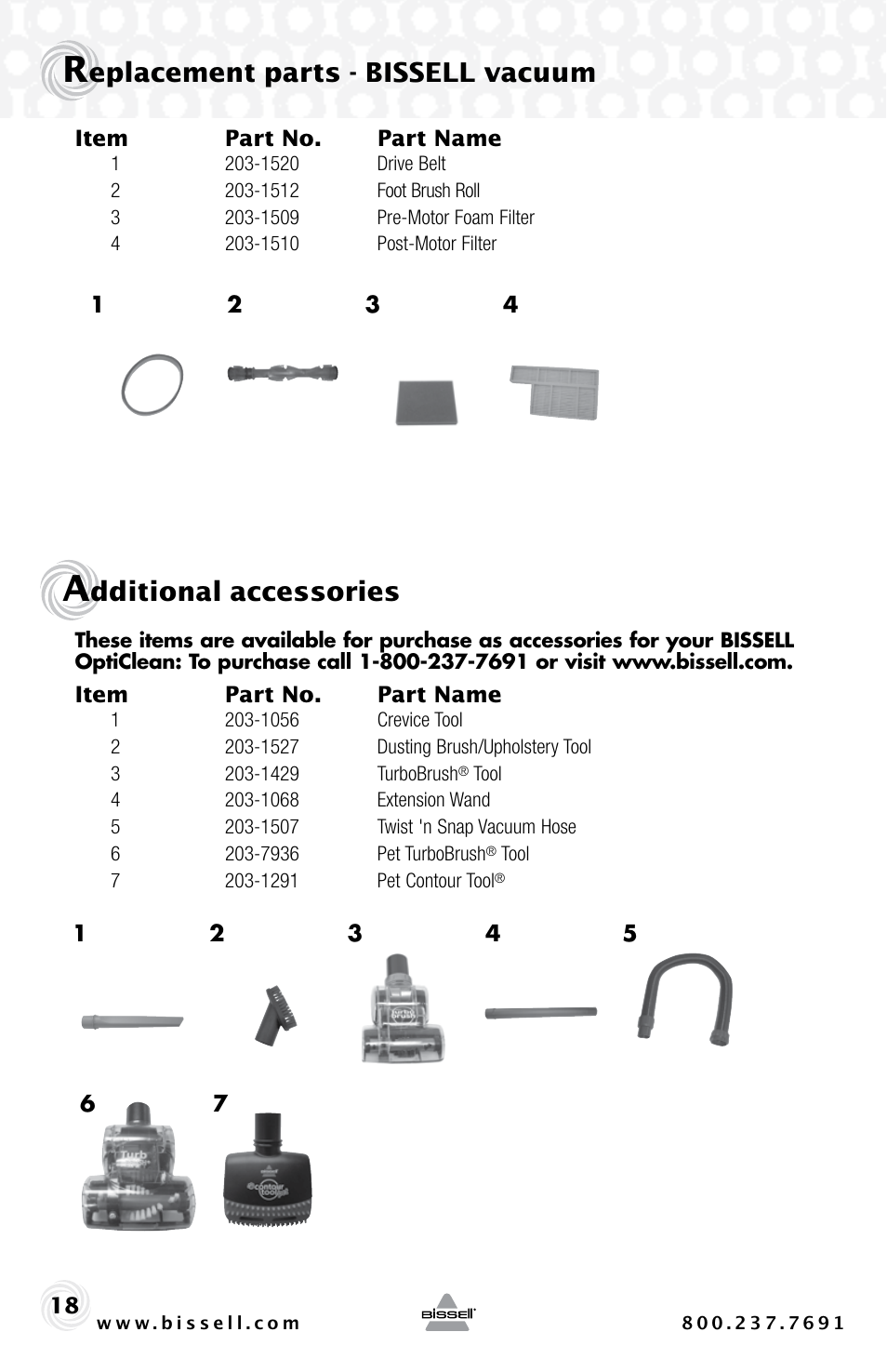 Eplacement parts - bissell vacuum, Dditional accessories | Bissell 30C7 User Manual | Page 18 / 20