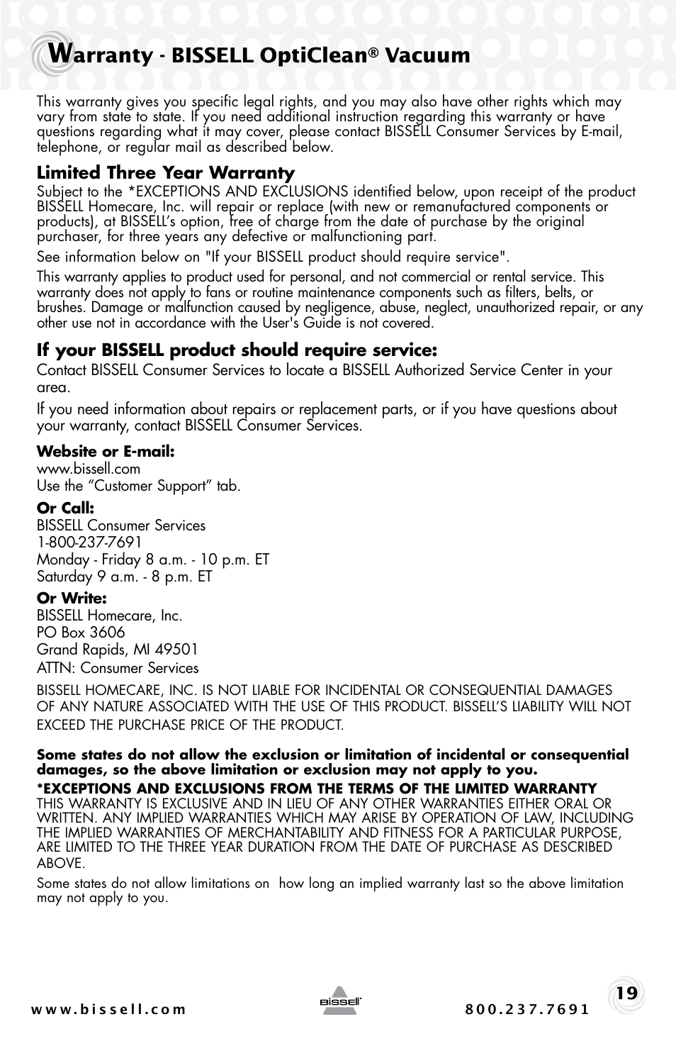 Arranty - bissell opticlean, Vacuum | Bissell 30C7 User Manual | Page 19 / 20