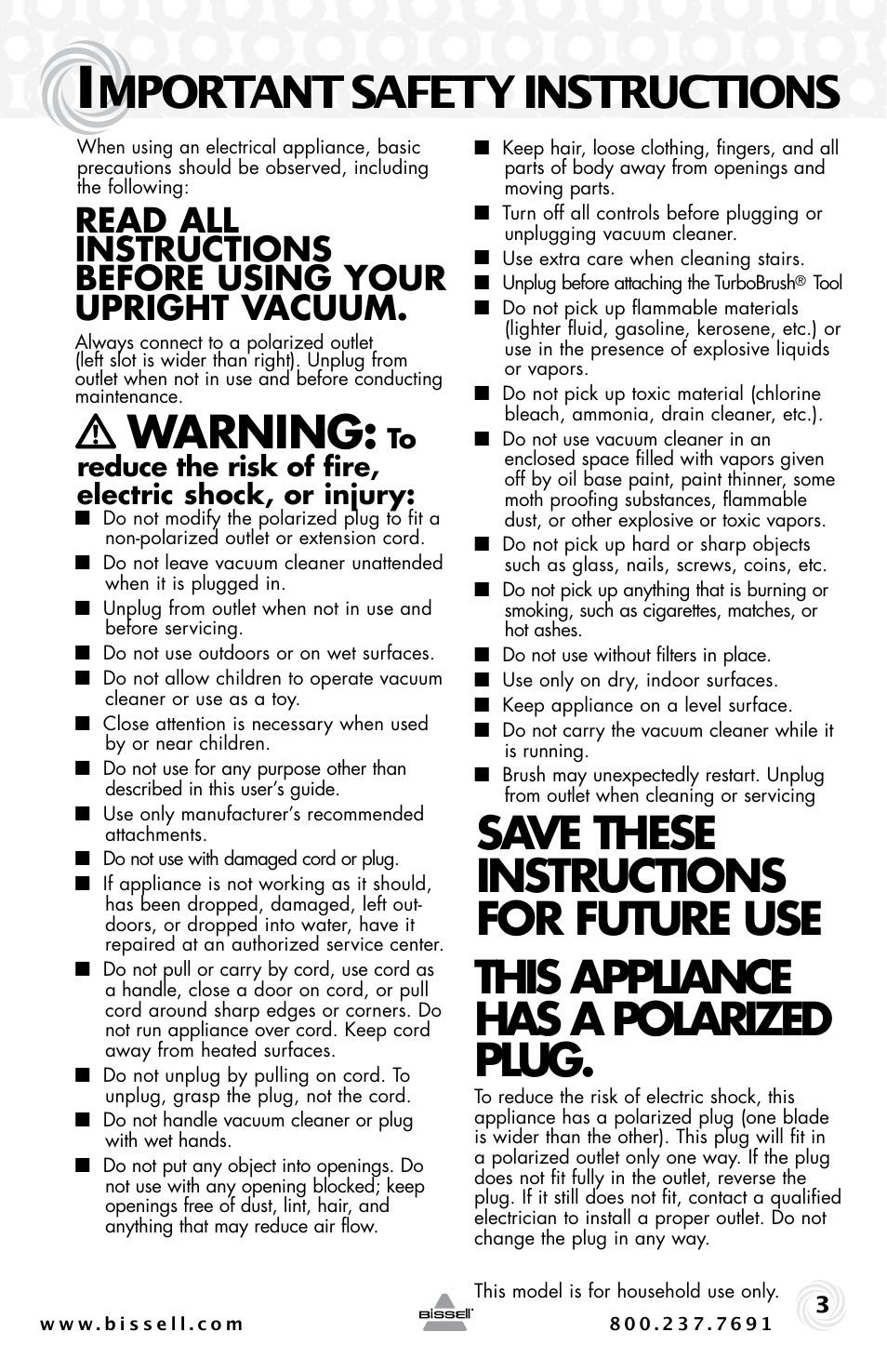 Mportant safety instructions, Warning | Bissell 30C7 User Manual | Page 3 / 20