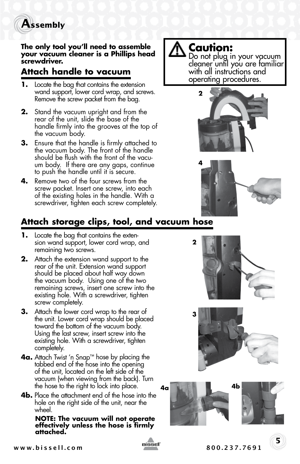 Caution, Attach handle to vacuum, Attach storage clips, tool, and vacuum hose | Bissell 30C7 User Manual | Page 5 / 20