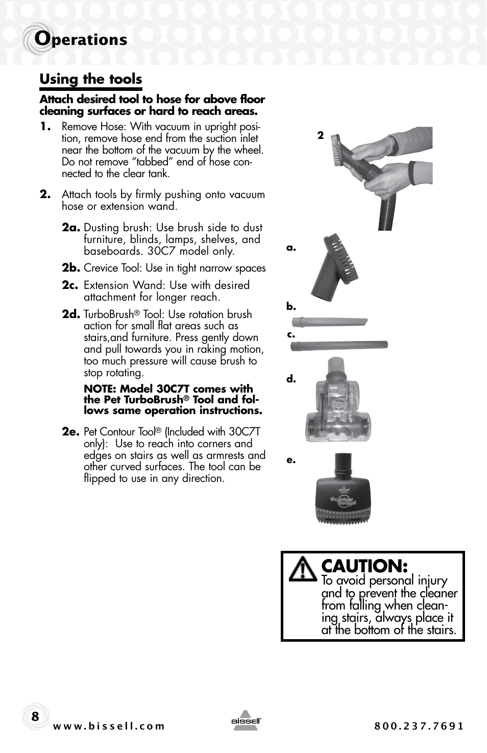 Caution, Perations, Using the tools | Bissell 30C7 User Manual | Page 8 / 20