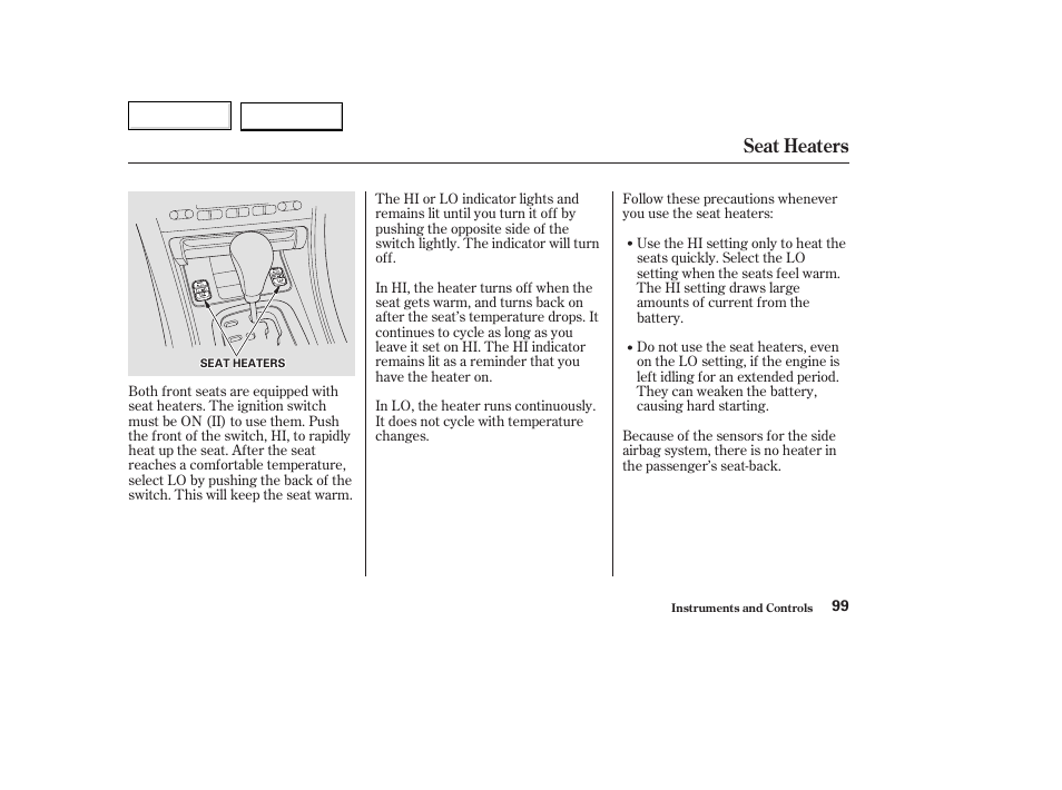 Seat heaters | Acura 2003 TL - Owner's Manual User Manual | Page 102 / 347