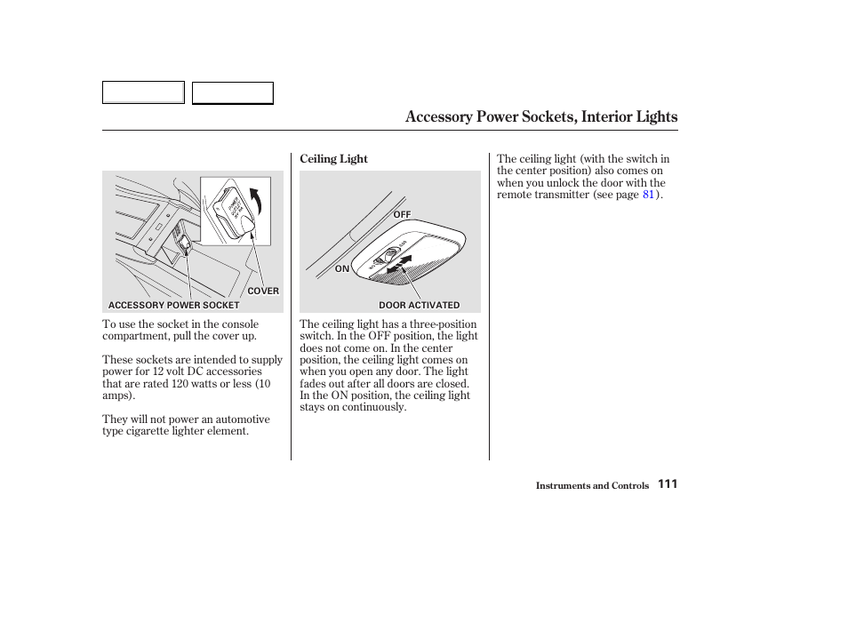 Accessory power sockets, interior lights | Acura 2003 TL - Owner's Manual User Manual | Page 114 / 347