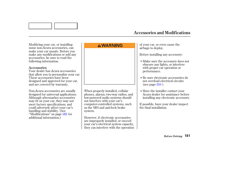 Accessories and modifications | Acura 2003 TL - Owner's Manual User Manual | Page 184 / 347