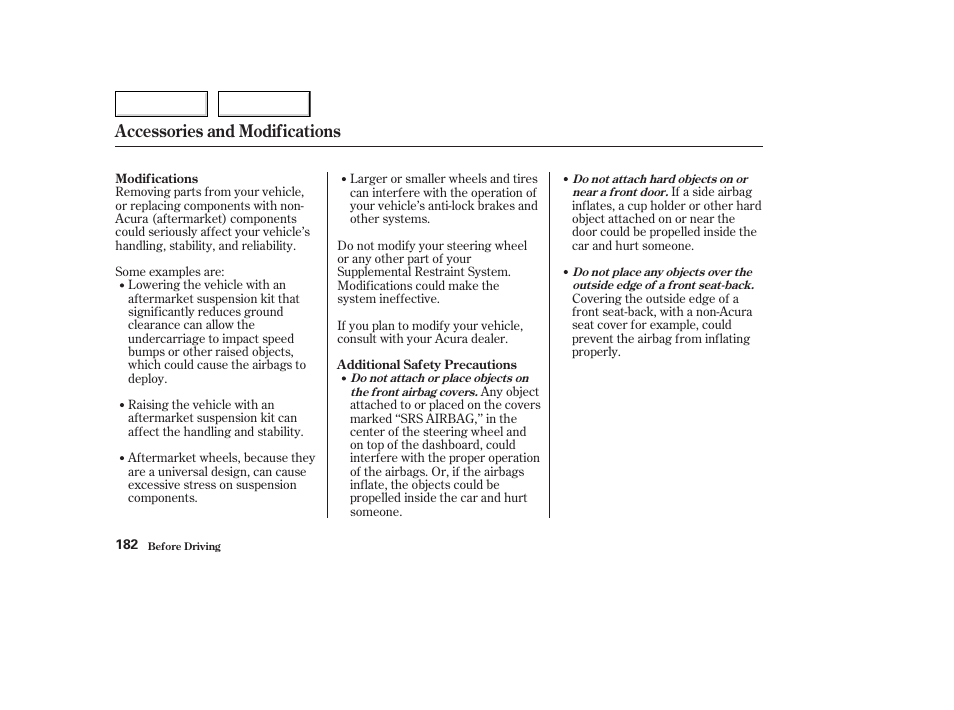 Accessories and modifications | Acura 2003 TL - Owner's Manual User Manual | Page 185 / 347