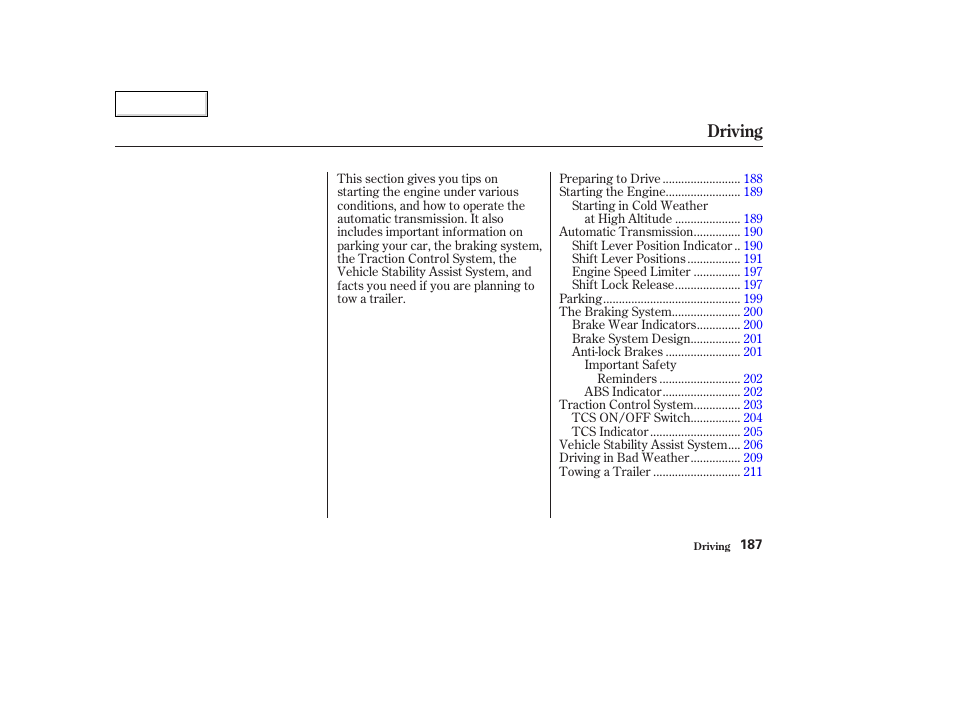 Driving | Acura 2003 TL - Owner's Manual User Manual | Page 190 / 347