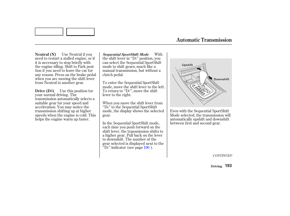 Automatic transmission | Acura 2003 TL - Owner's Manual User Manual | Page 196 / 347