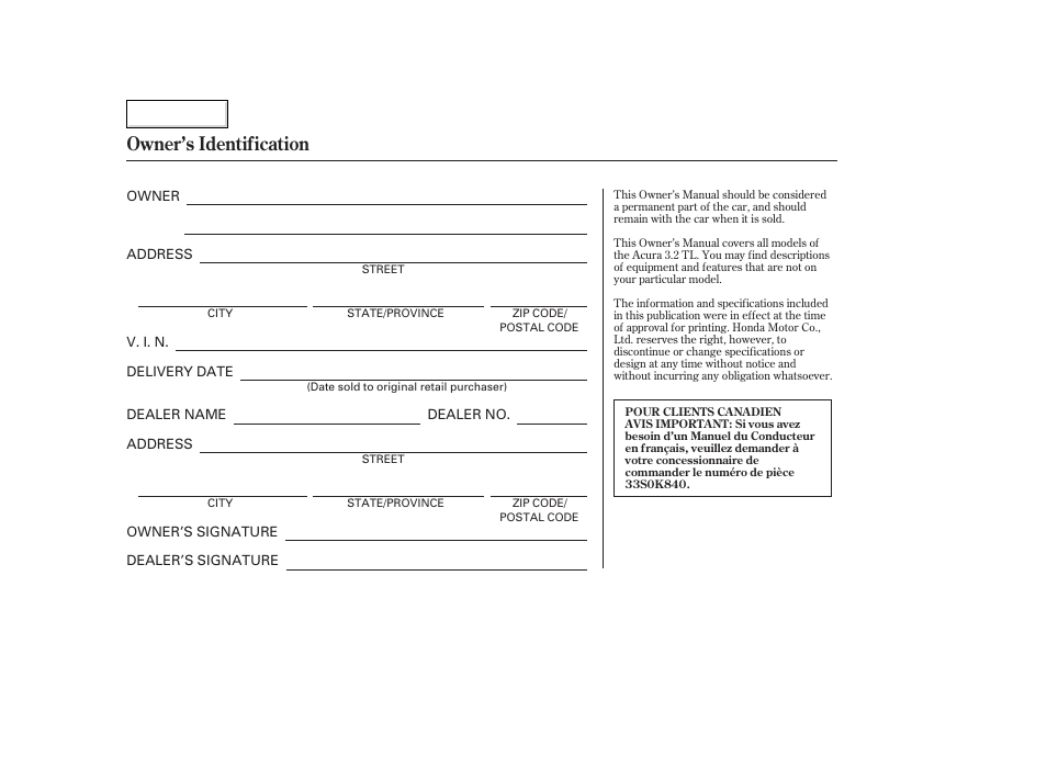 Owner's identification form, Owner’s identification | Acura 2003 TL - Owner's Manual User Manual | Page 2 / 347