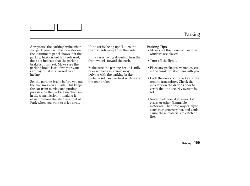 Parking | Acura 2003 TL - Owner's Manual User Manual | Page 202 / 347