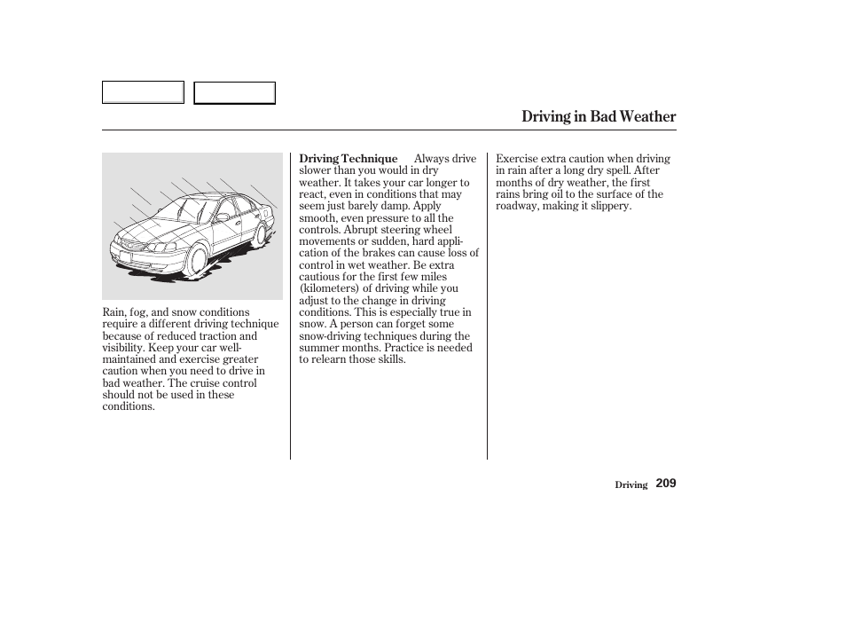 Driving in bad weather | Acura 2003 TL - Owner's Manual User Manual | Page 212 / 347